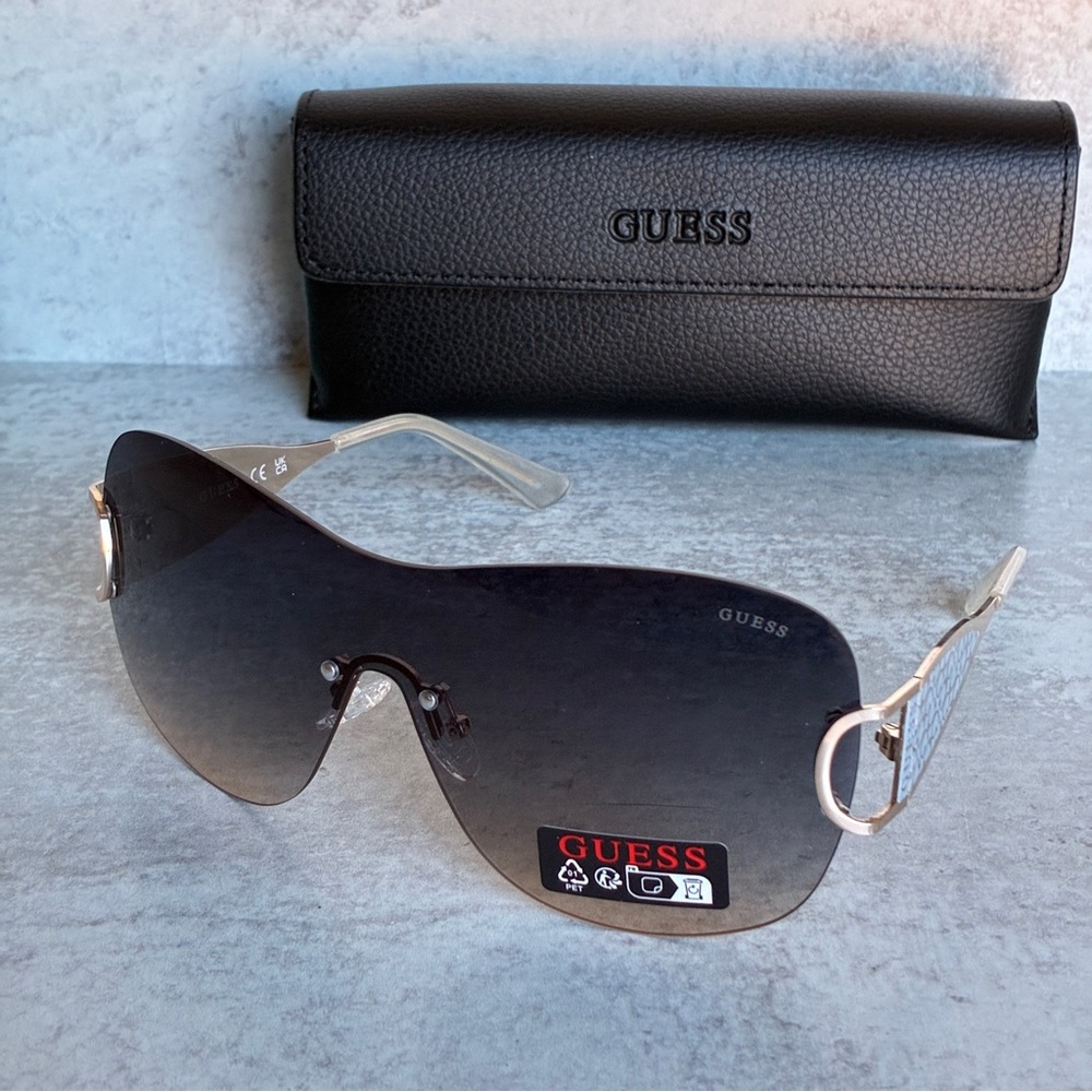 GUESS Rimless Shield Sunglasses Rose Gold Logo Arms w/ Case NWOT